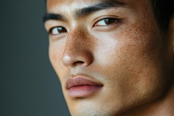 Obraz premium Close-up of a young man's face, showing freckles and subtle stubble. Perfect for beauty, skincare, or male grooming projects.