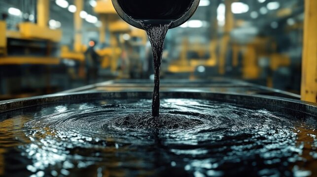 Hyper-realistic industrial scene of workers pouring crude oil in a refinery with machinery in the background