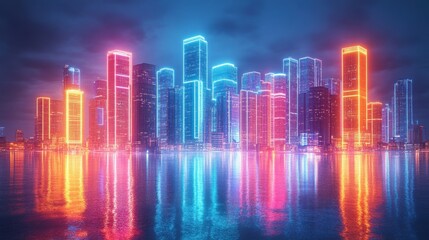 Luminescent Metropolis - Modern Futuristic Cityscape with Neon Glowing Lights in 3D Rendering and Smooth Gradients