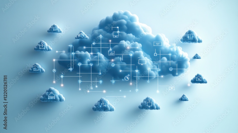 Poster cloud network digital illustration with interconnected user icons