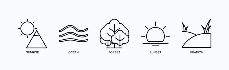 Nature Rhythms Icon Set Isolated Vector With Icon Of Sunrise, Ocean, Forest, Sunset, Meadow In Outline Style