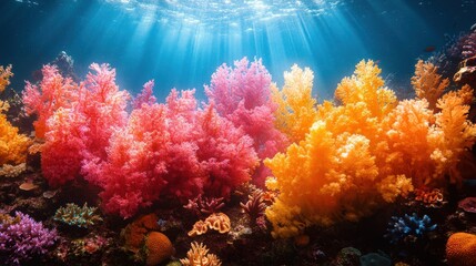 Naklejka premium Colorful Hyper-Realistic Underwater Coral Reef: Detailed Textures of Vibrant Marine Ecosystem