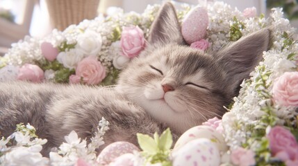 Adorable Kitten Napping in Springtime Flower Nest