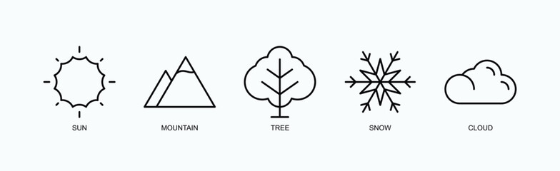 Elements Of Earth Icon Set Isolated Vector With Icon Of Sun, Mountain, Tree, Snow, Cloud In Outline Style