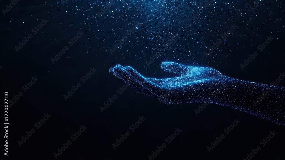 Poster abstract blue hologram of floating hand created by ai algorithm in dark space