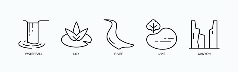 Fototapeta premium Whispers Of The Wild Icon Set Isolated Vector With Icon Of Waterfall, Lily, River, Lake, Canyon In Outline Style