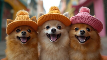 Three Pomeranians in winter hats, city street background, pet fashion