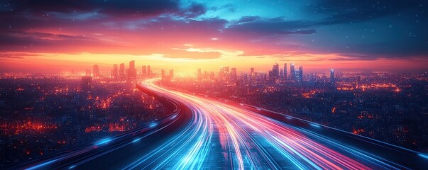 Futuristic Cyberpunk Cityscape Digital Background for AI Technology Data Transfer and Virtual Communication