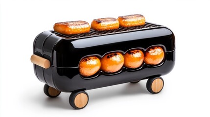 Portable grill for camping cooking with grilled sausages. Generative AI