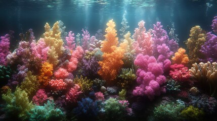 Fototapeta premium Coral Symphony: Vibrant Underwater Ecosystem with Photorealistic High Contrast