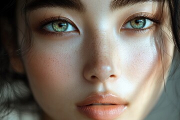 Fototapeta premium Close-up of a woman's face, showcasing her eyes and freckles. Ideal for beauty, skincare, or cosmetics advertising.