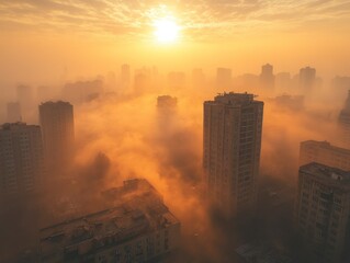 Fototapeta premium Surreal Cityscape Shrouded in Crumbling Smog and Ethereal Clouds at Dusk