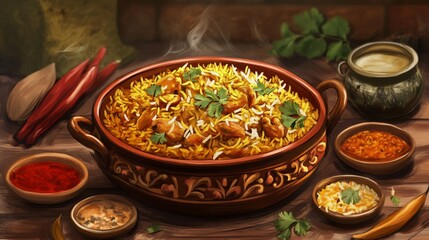 Traditional Indian biryani with rice, chicken, and spices. Featuring a rich and aromatic dish. Highlighting the texture and flavors of the biryani. Ideal for food and cultural themes.