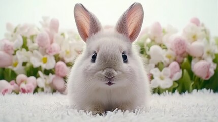 Adorable White Bunny Amidst Spring Blossoms