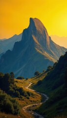 Monta?a rocosa con sombras profundas y fondo amarillo, fondo amarillo, paisaje