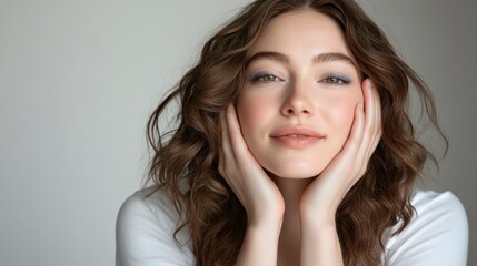 Naklejka premium A portrait of an attractive woman with wavy brown hair, wearing a white t-shirt and holding her hands on her face, posing for a professional photo shoot in a studio. She has blue eyeshadow makeup.
