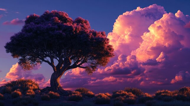 A dramatic scene of a quiver tree under a twilight sky, with clouds highlighted in shades of pink and purple as night approaches.