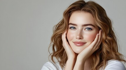 A portrait of an attractive woman with wavy brown hair, wearing a white t-shirt and holding her hands on her face, posing for a professional photo shoot in a studio. She has blue eyeshadow makeup.