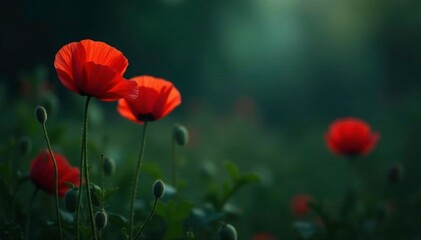 Moody dark green foliage with red poppy blooms, moody, poppy, flowers