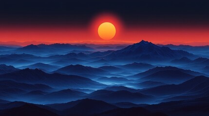 Fototapeta premium Cartoon Sunrise Majesty: Ethereal Glow Over Majestic Mountain Range