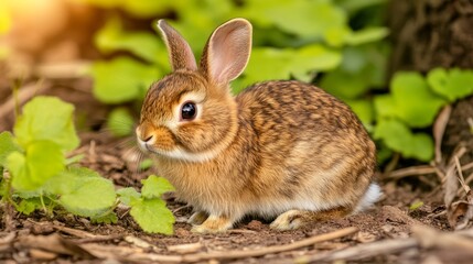 Fototapeta premium Adorable Wild Rabbit in Lush Green Foliage