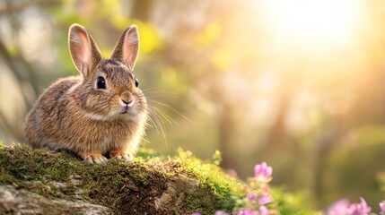Fototapeta premium Adorable Wild Rabbit in Spring Meadow Sunlight