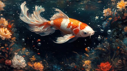 Koi fish swimming, floral pond, dark water, bubbles, art print