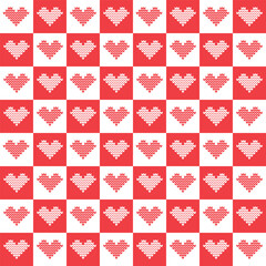 Hearts Pattern. Valentine's Day Seamless Background. Red Knitted Hearts. Checkered Print. Happy Valentines Day Pattern. Vector illustration in Red, White.