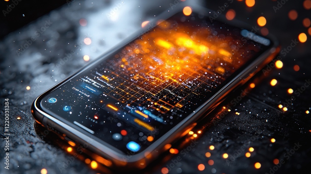 Poster futuristic smartphone interface with glowing data display