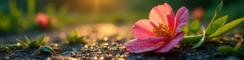 Fototapeta premium morning dew glistening on a developing flower, pavement, morning, droplets