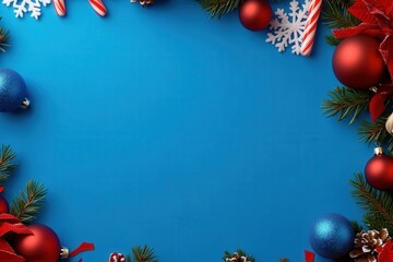 Christmas decorations including ornaments and lights on a blue background for holiday celebrations