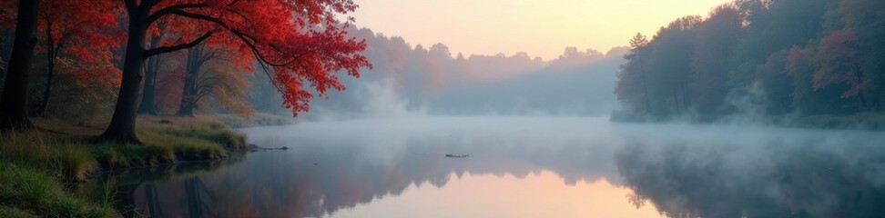 Naklejka premium Morning fog on a forest pond with reflected reeds, calm, pond, trees