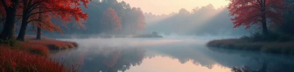 Fototapeta premium Morning fog on a forest pond with reflected reeds, mist, trees