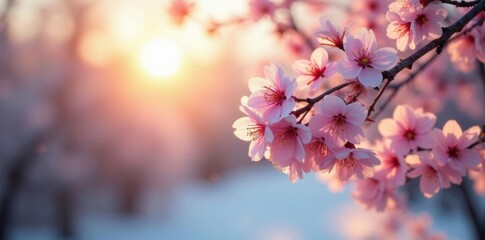 Obraz premium Morning sun highlights frosty cherry blossoms, white,