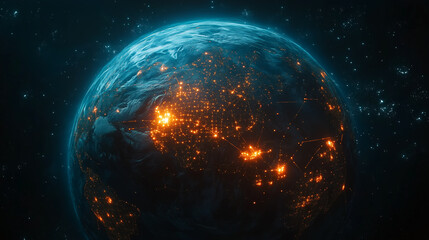 Digital Planet Glowing with Bright Lights in the Dark Space