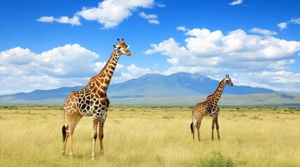 Obraz premium African Savanna Giraffes Under Blue Sky