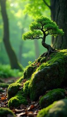 Moss-covered rock with a bonsai tree growing out of the crevices, plant life, forest scene, greenery