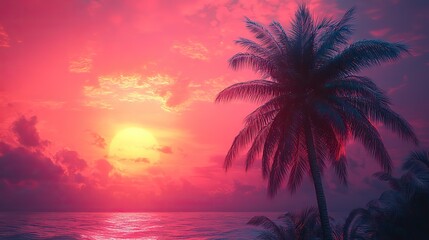 Bright pink holographic neon colored abstract palm tree on a sunset background with an interlaced digital motion glitch effect.