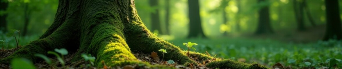 Moss-covered tree trunk in shaded forest glade, scenery, forest, foliage