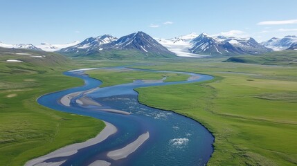 Alaskan River Valley Scenic Aerial View Mountains Snow