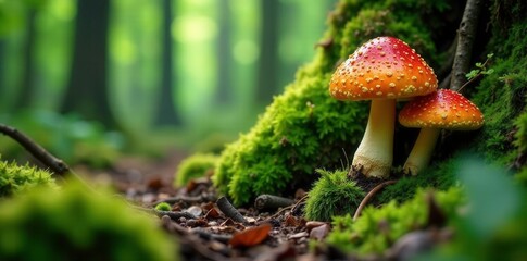 Mossy forest floor with Boletus edulis fungi growing among tree roots, fungi, mycelium