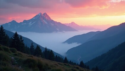 Mountain landscape at dawn with misty peaks and dreamy sky, serene, peaceful