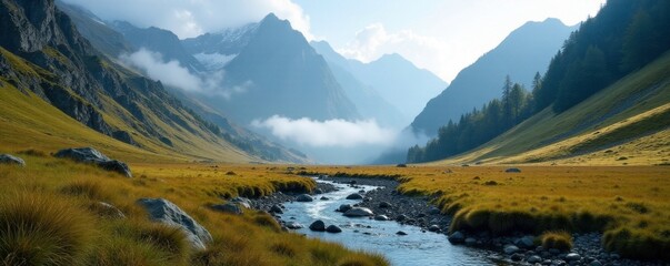 Mountain landscape with misty valley and stream, water, rocky mountains, wilderness