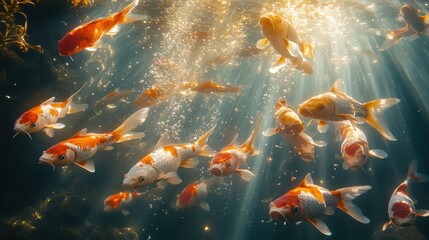 Sunlit Koi Pond, Fish Swimming, Underwater Scene, Aquatic Life, Relaxation