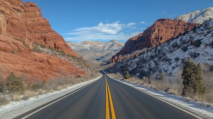 Fototapeta premium Scenic highway road trip, winter canyon, mountains background, travel poster