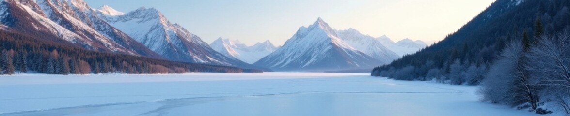 Mountain range with a frozen river and snow-covered peaks in morning, mountain ranges, alpine scenery