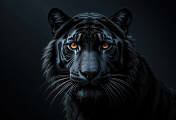A close-up portrait showcases a black tiger with striking amber eyes, its intense gaze captivating against a dark background.