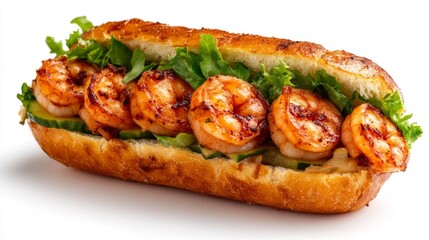 Delicious shrimp po' boy sandwich with lettuce and cucumbers on white background. Generative AI