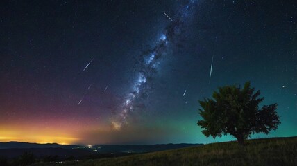 Fototapeta premium Perseids meteor Shower and the Milky Way silhouette in the foreground. Perseid Meteor Shower observation. Night sky nature summer landscape. Colorful shooting stars
