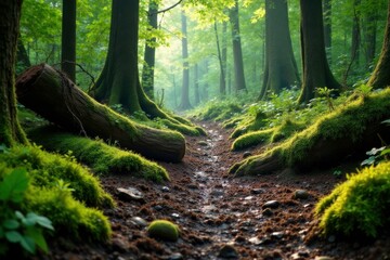 Muddy forest floor with fallen trees and moss-covered rocks, nature, rugged, green